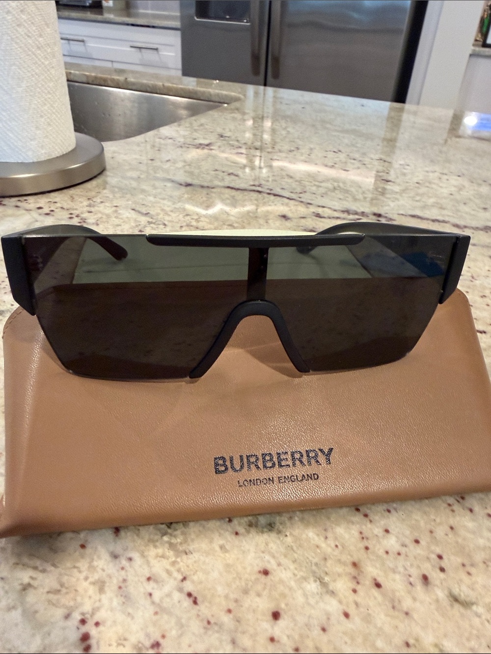 Burberry Men’s Black Shield Sunglasses with Brown Case